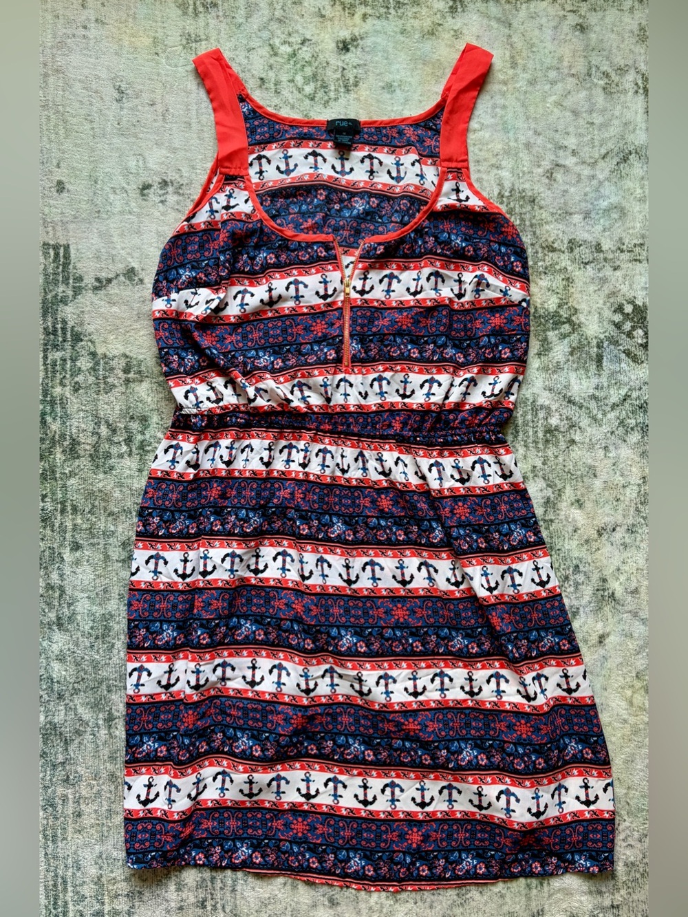 Rue 21 1X anchor print skater dress sleeveless elastic waist coral navy blue